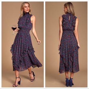 NWOT Lulus Evalina Navy Blue Floral Print Mock Neck Midi Dress a favorite